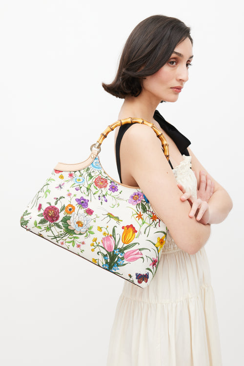 Gucci White 
Multicolour Diana Floral Bamboo Handle Bag