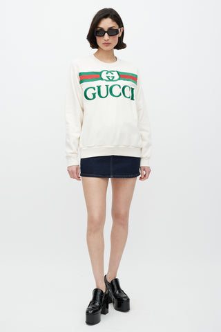 Gucci White 
Multicolour Embroidered Logo Crewneck Sweater