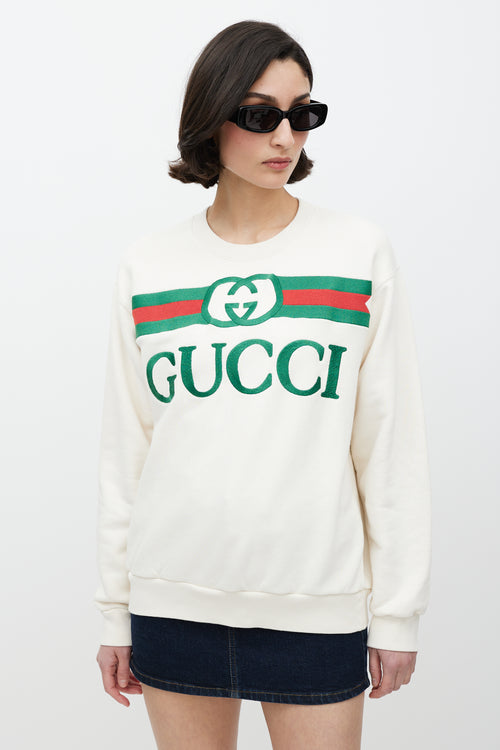 Gucci White 
Multicolour Embroidered Logo Crewneck Sweater