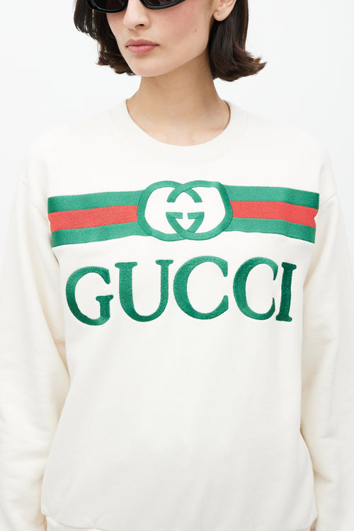 Gucci White 
Multicolour Embroidered Logo Crewneck Sweater