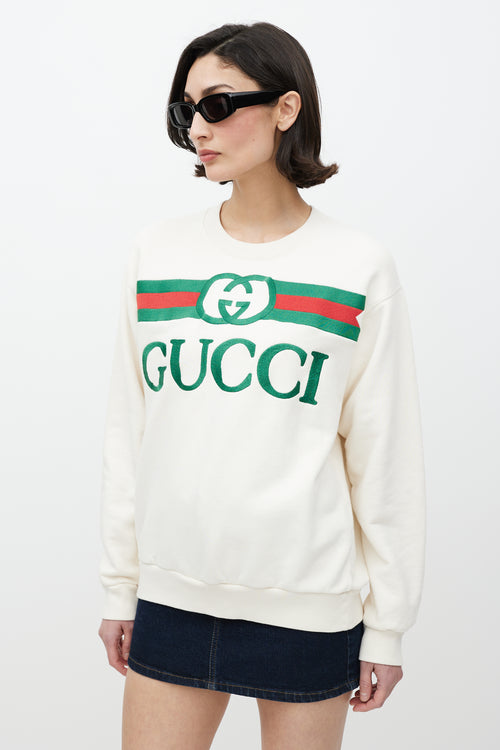 Gucci White 
Multicolour Embroidered Logo Crewneck Sweater