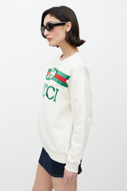 Gucci White 
Multicolour Embroidered Logo Crewneck Sweater