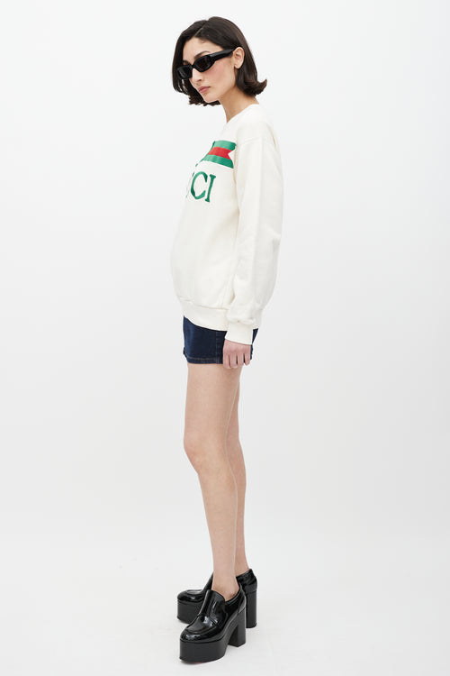 Gucci White 
Multicolour Embroidered Logo Crewneck Sweater