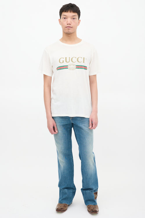 Gucci White 
Multicolour Logo Embroidered Distressed T-Shirt