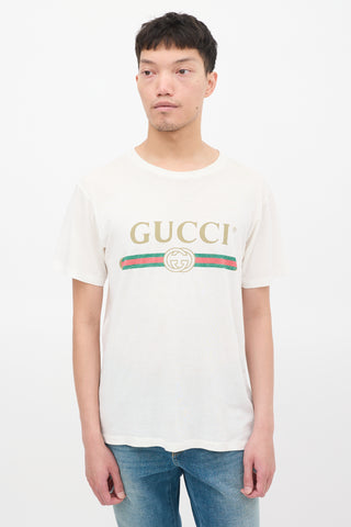 Gucci White 
Multicolour Logo Embroidered Distressed T-Shirt