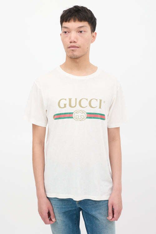 Gucci White 
Multicolour Logo Embroidered Distressed T-Shirt