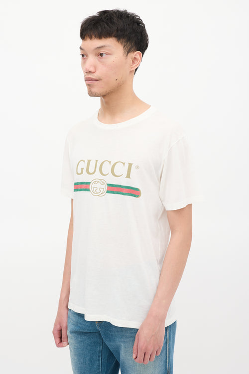 Gucci White 
Multicolour Logo Embroidered Distressed T-Shirt