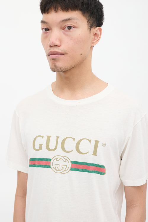 Gucci White 
Multicolour Logo Embroidered Distressed T-Shirt