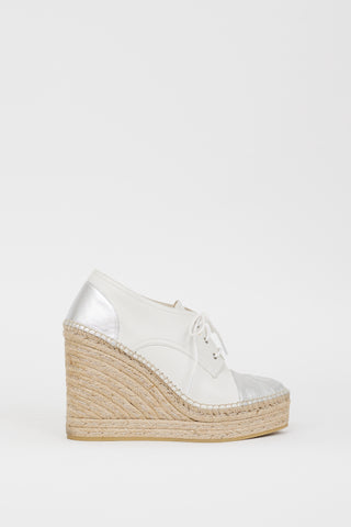 Gucci White 
Silver Leather GG Pilar Wedge Heel