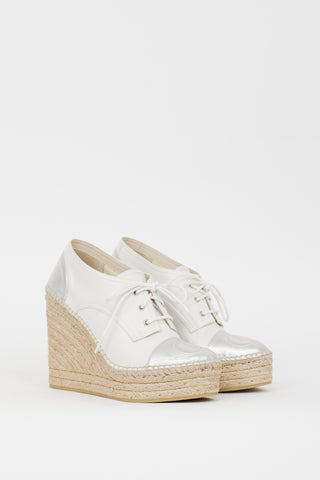 Gucci White 
Silver Leather GG Pilar Wedge Heel