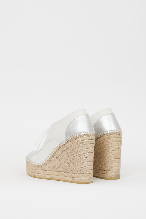 Gucci White 
Silver Leather GG Pilar Wedge Heel