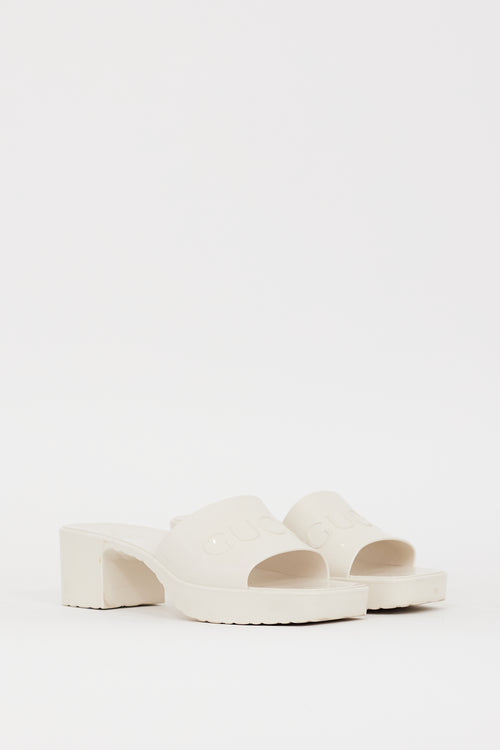 Gucci White Rubber Logo Platform Slide Heel