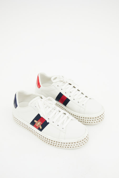 Gucci White Leather Embroidered Web Crystal Sneaker