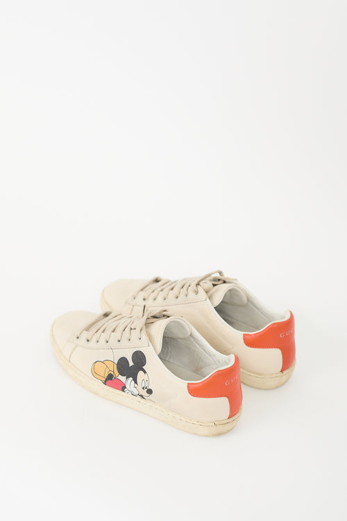 Gucci X Disney Beige Leather Ace Mickey Mouse Sneaker