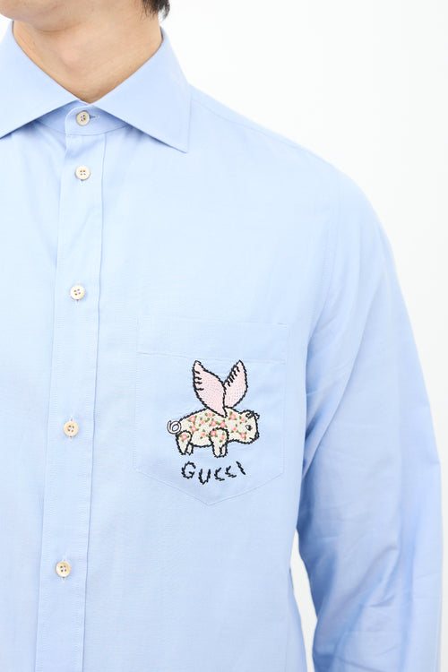 Gucci Blue Embroidered Pocket Shirt