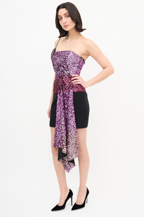 Halpern Pink Sequin One Shoulder Drape Top