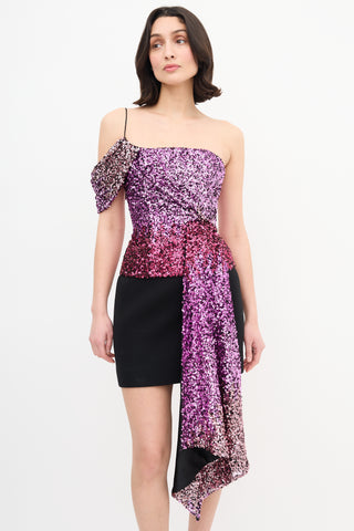 Halpern Pink Sequin One Shoulder Drape Top