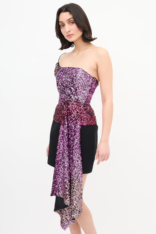 Halpern Pink Sequin One Shoulder Drape Top