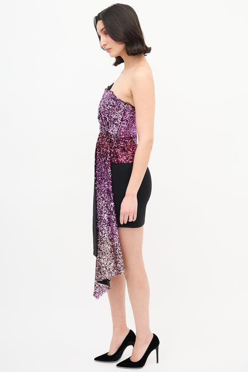 Halpern Pink Sequin One Shoulder Drape Top