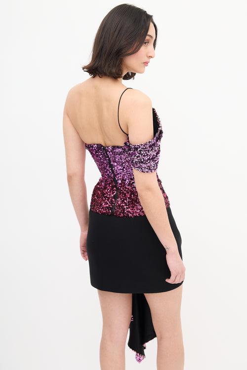 Halpern Pink Sequin One Shoulder Drape Top