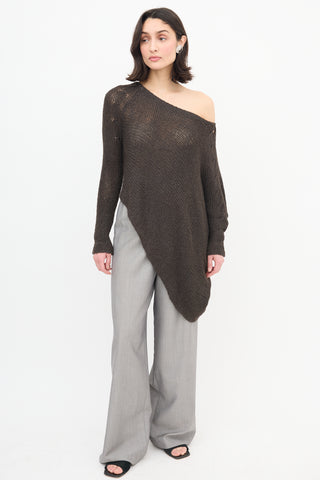 Helmut Lang Brown Wool Knit Off The Shoulder Sweater