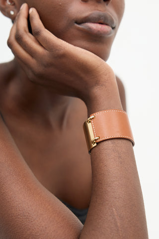 Hermès 2011 Brown Leather 
Gold Plated Cuff Bracelet