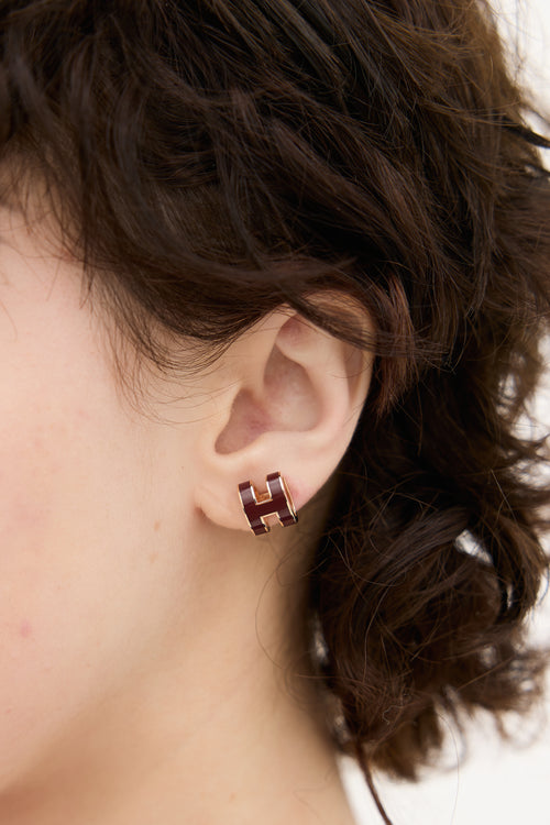 Hermès Rose Gold 
Burgundy Mini Pop H Hoop Stud Earrings