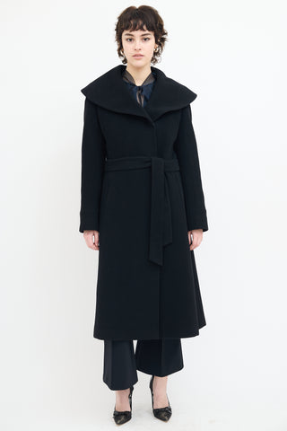 Holt Renfrew Black Wool Wide Collar Belted Coat