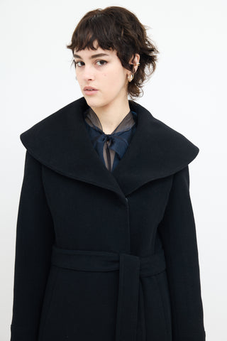 Holt Renfrew Black Wool Wide Collar Belted Coat