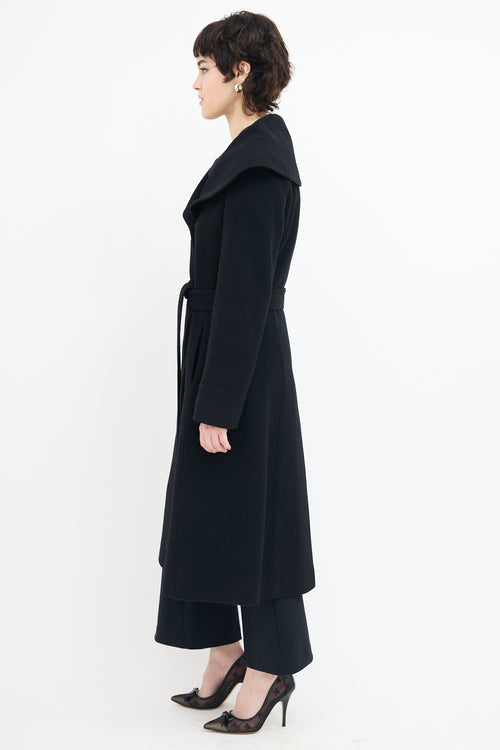 Holt Renfrew Black Wool Wide Collar Belted Coat