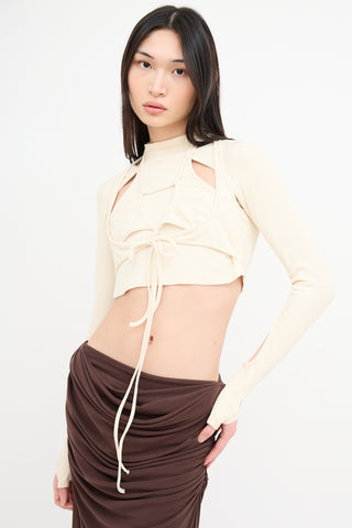 Hyein Seo Cream Ribbed Cutout Knot Top