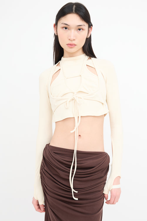 Hyein Seo Cream Ribbed Cutout Knot Top