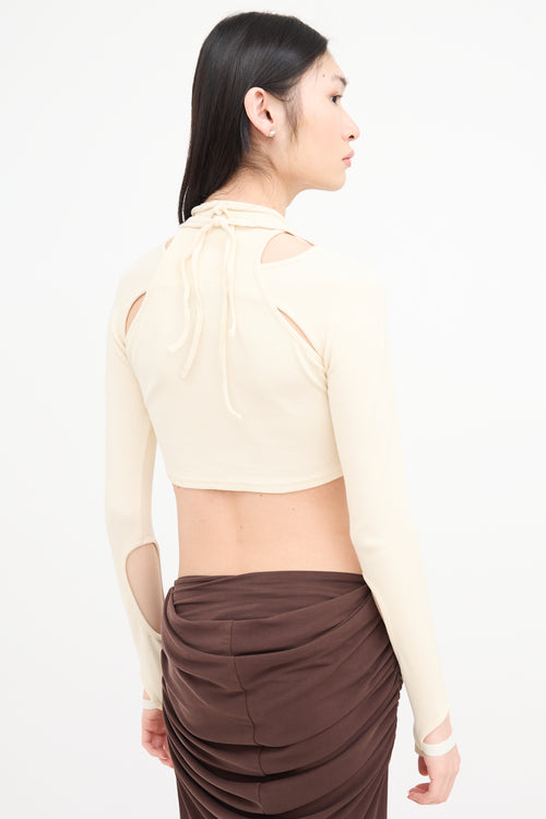 Hyein Seo Cream Ribbed Cutout Knot Top