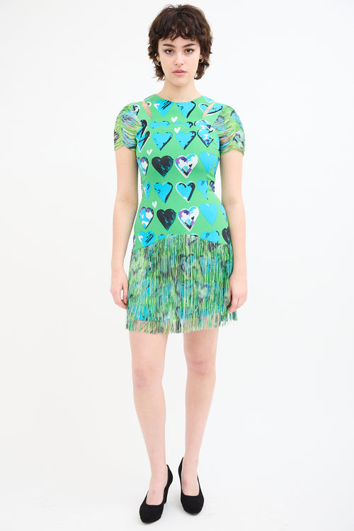 Versace X H&M Green 
Blue Silk Fringe Heart Dress