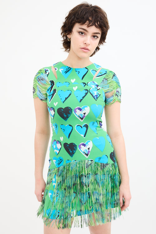 Versace X H&M Green 
Blue Silk Fringe Heart Dress