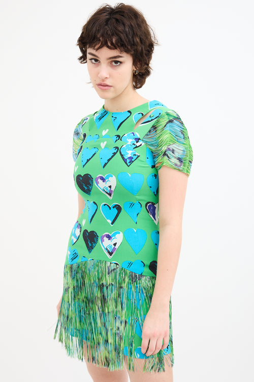 Versace X H&M Green 
Blue Silk Fringe Heart Dress