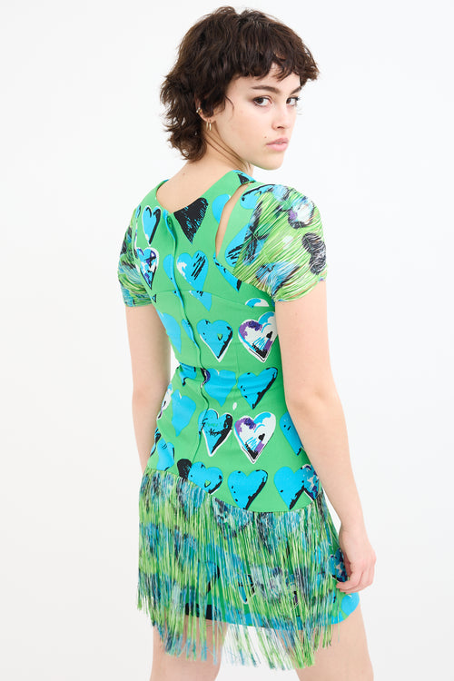 Versace X H&M Green 
Blue Silk Fringe Heart Dress