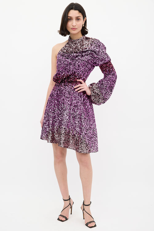 Halpern Purple 
Pink Sequin One Sleeve Mini Dress