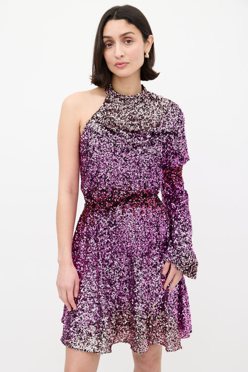 Halpern Purple 
Pink Sequin One Sleeve Mini Dress