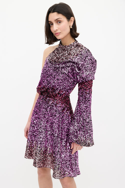 Halpern Purple 
Pink Sequin One Sleeve Mini Dress