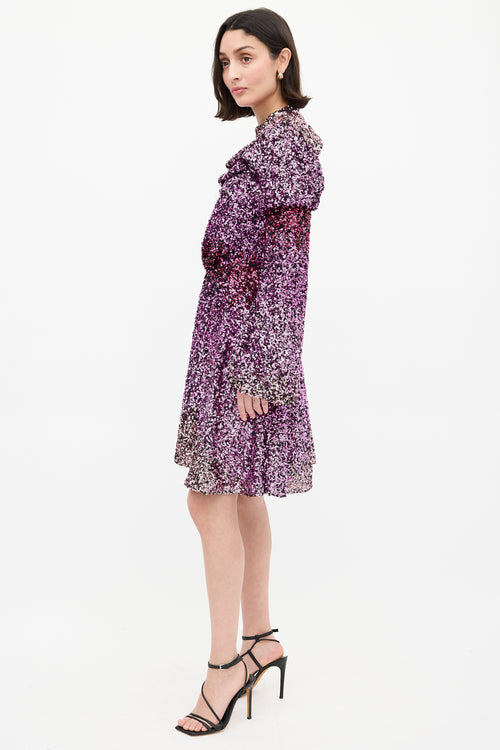 Halpern Purple 
Pink Sequin One Sleeve Mini Dress