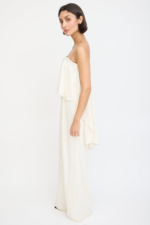 Halston Heritage Cream Strapless Flounce Jumpsuit