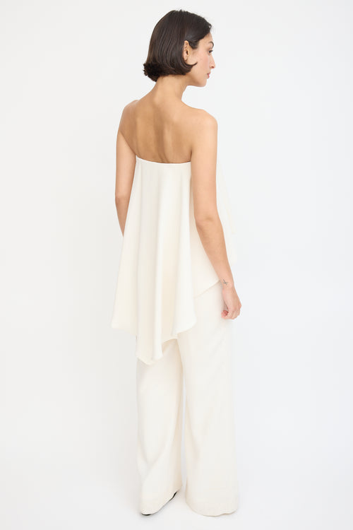 Halston Heritage Cream Strapless Flounce Jumpsuit