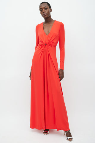 Halston Red V-Neck Gathered Dress