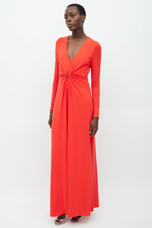 Halston Red V-Neck Gathered Dress