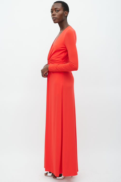 Halston Red V-Neck Gathered Dress