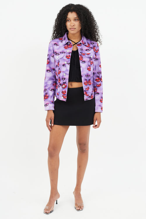 Heaven Purple 
Multicolour Lip Print Denim Jacket