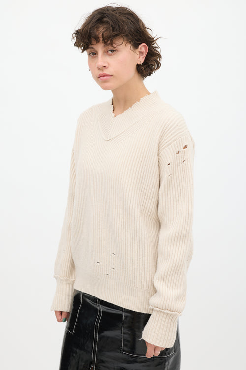 Helmut Lang Beige Wool Distressed Knit Sweater