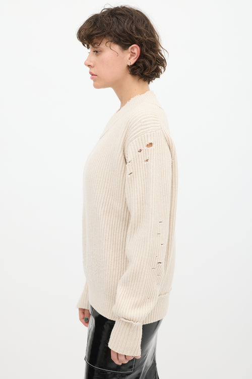 Helmut Lang Beige Wool Distressed Knit Sweater