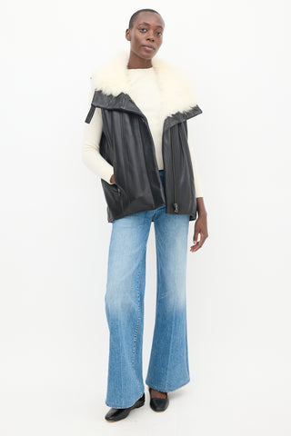 Helmut Lang Black 
Cream Leather Shearling Vest